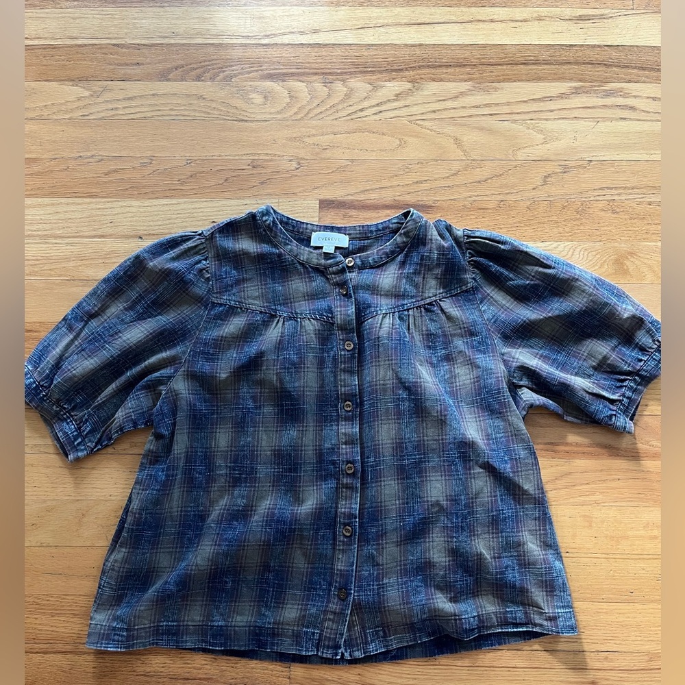 Evereve Blue Gracie Puff Sleeve Plaid Button-Up Blouse Size Women’s Medium - Picture 2 of 4